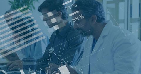 Medical team reviewing data overlays and analytics dashboards for clinical collaboration