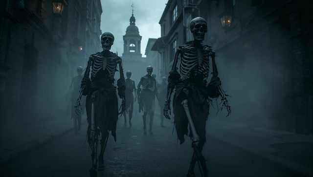Night of the Skeleton March: Haunting Gothic Lane Scene
