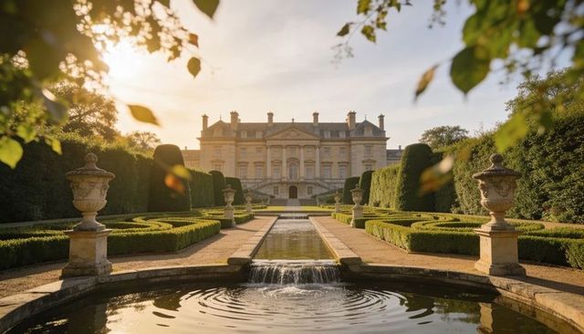 Sunlit formal parterre garden leading to grand classical mansion with reflecting pool