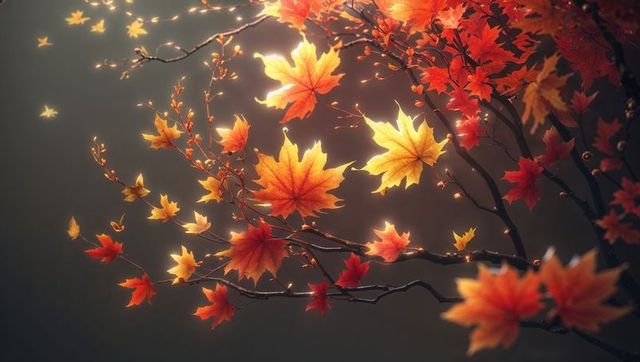 Maple leaves glowing on branch with autumn foliage