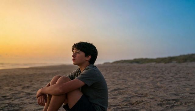 Teen gazing at sunset on quiet beach, contemplative seaside moment