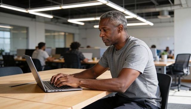 Mature grey-haired man working on laptop in modern coworking office, daylight, focused