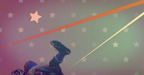 Falling football player clutching ball on star-spangled gradient with diagonal streaks
