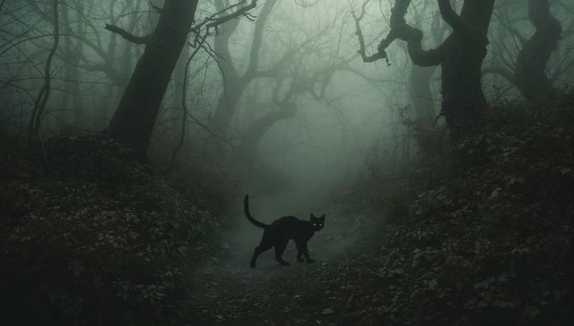 Black Cat on Misty Forest Path Among Gnarled Trees