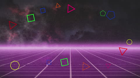 Retro Metaverse Grid with Geometric Shapes and Digital Data