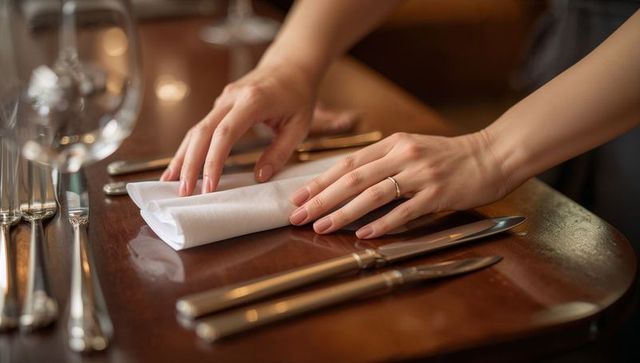 Hands folding cloth napkin on elegant wooden restaurant table with silverware, fine dining ambience
