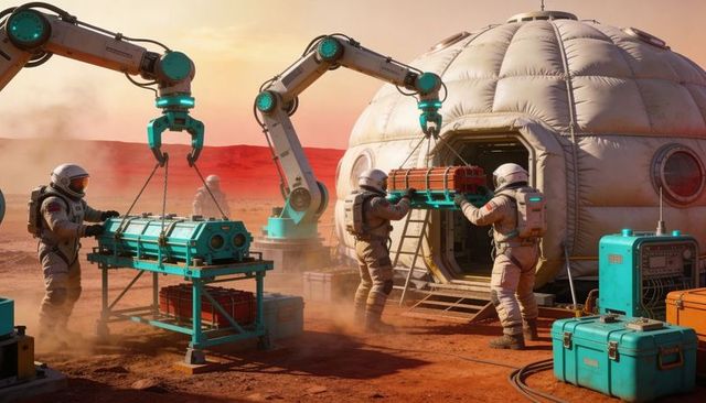 Mars habitat crew loading cargo with robotic arms on red-dust outpost at sunset