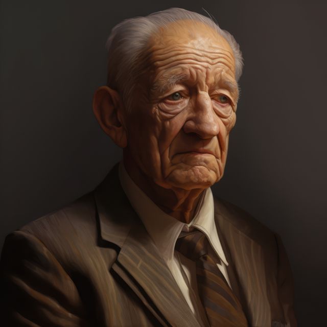 Portrait of pensive old man on grey background, created using generative ai technology. Portraiture, old age and facial expressions concept digitally generated image.