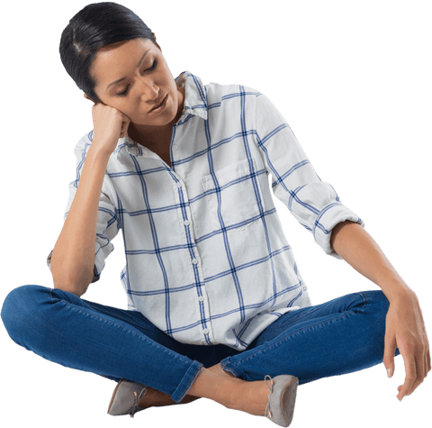 Transparent Image of Woman in Casual Outfit Sitting, Deep in Thought