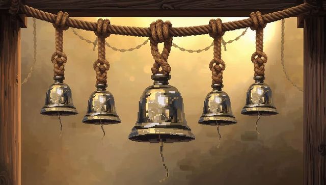 Hanging brass bells on braided rope with decorative knots and warm golden light