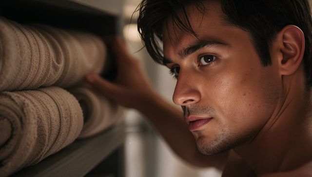 Selecting rolled beige towels on spa shelf, close-up profile of man reaching