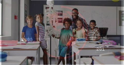 Diverse Elementary Students Exploring Human Skeleton with Smiling Teacher in Classroom