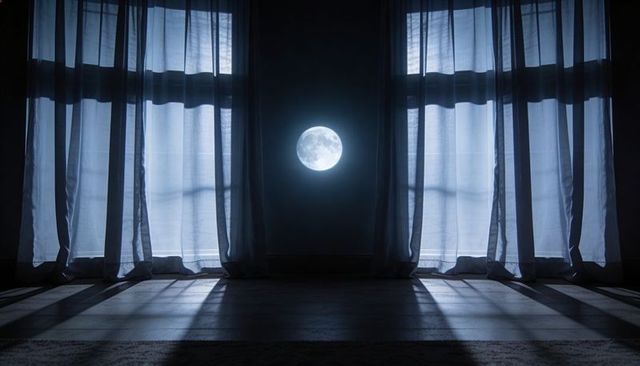 Full moon casting silvery moonlight through sheer curtains over minimalist night interior