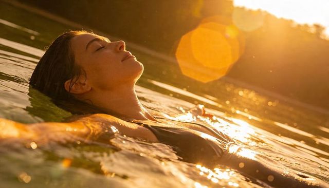 Floating woman relaxing on lake at golden hour, backlit sun reflections and serene sunset