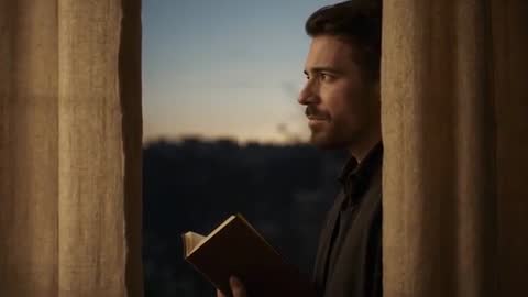 Man Reading by Window at Dusk, Contemplating Urban Skyline Through Curtains