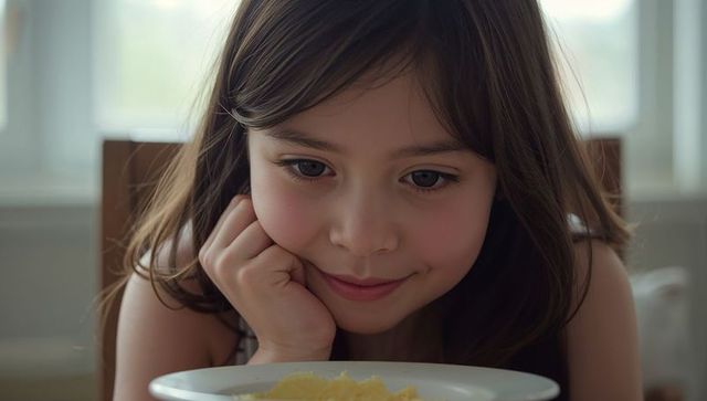 Curious young girl gazing at plate of scrambled eggs on breakfast table in window light