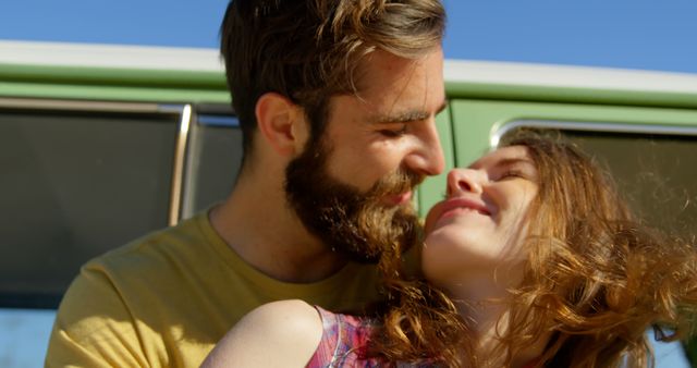 Young couple embracing each other on a sunny day. Smiling happy couple 4k