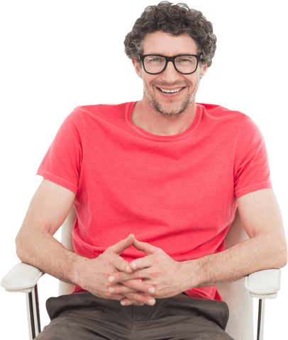 Transparent Happy Man with Glasses in Red Shirt Sitting on Chair