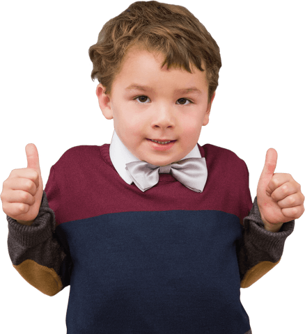 Cute boy giving thumbs up in colorful sweater transparent background