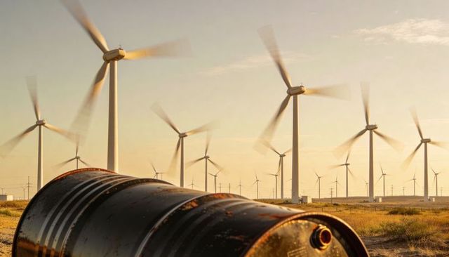 Rusty oil drum on wind farm at golden hour, turbines rotating, renewable energy contrast
