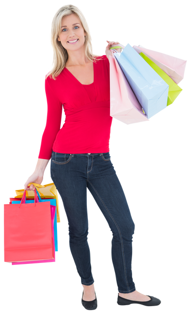 Woman in Red Cheerfully Carrying Shopping Bags on Transparent Background - Download Free Stock Videos Pikwizard.com