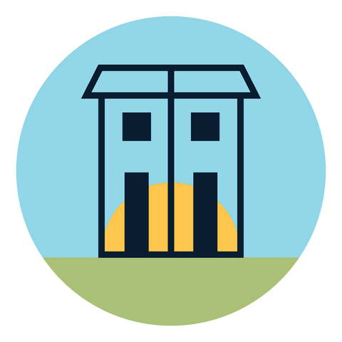 Transparent vector illustration of modern house on grass with rising sun