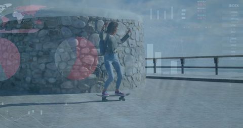 Woman Skateboarding Overlapping Digital Financial Icons