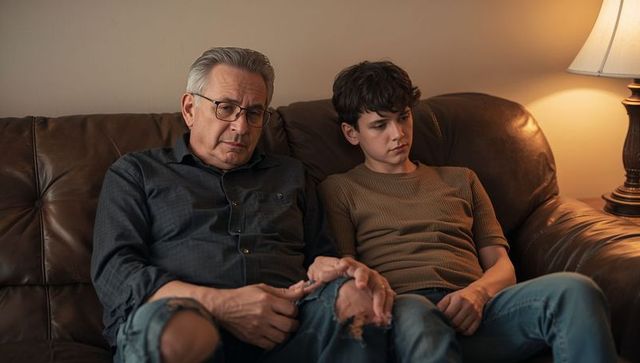 Grandfather and teenage grandson sharing quiet, pensive moment on brown leather couch