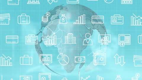 Digital Icons Overlaying Spinning Globe on Blue Background