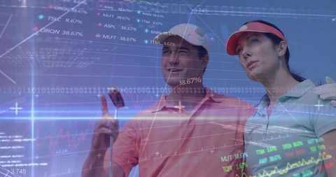 Couple Golfers with Financial Data Overlay Illustrating Market Insight