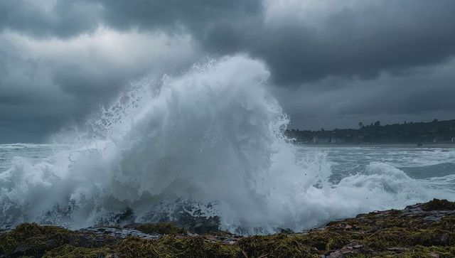 Dramatic Ocean Wave Crashing on Rocky Shoreline with Stormy Clouds