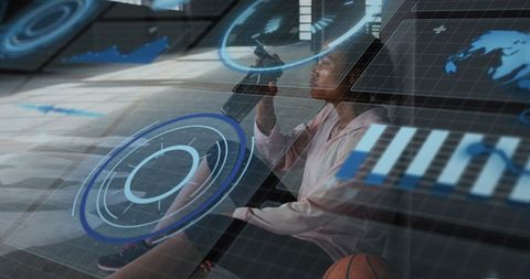 Person analyzing data projections in futuristic setting