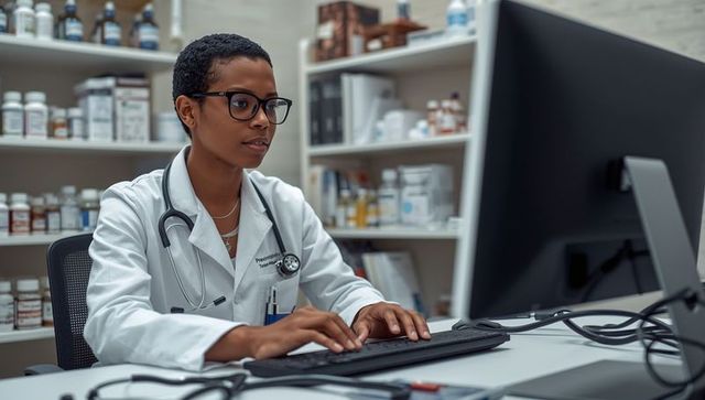 Pharmacist using computer in pharmacy with medical equipment around