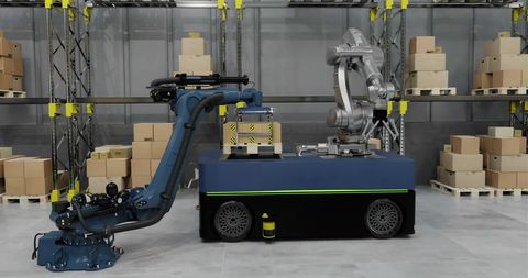 Automated Warehouse with Robots Handling Packages