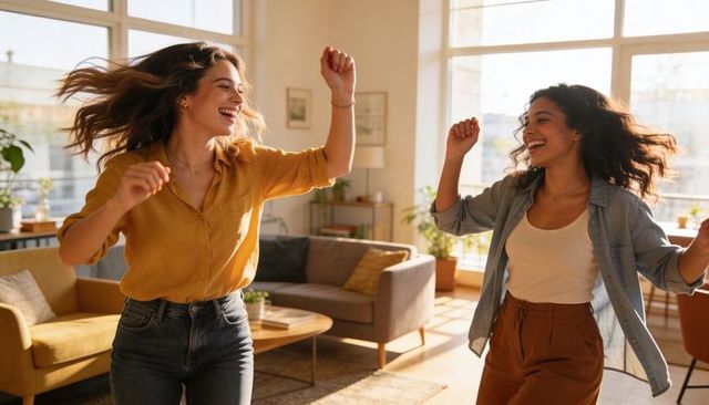 Two friends dancing and laughing in sunlit midcentury living room with plants