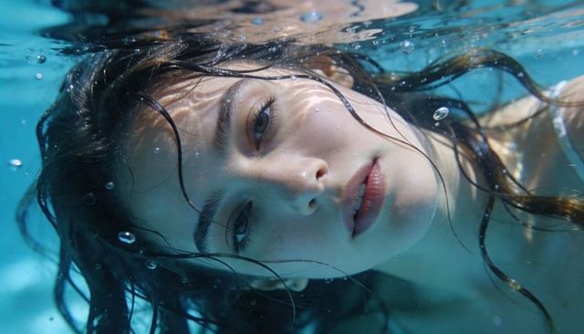 Young woman floating underwater with sunlit hair and dreamy expression