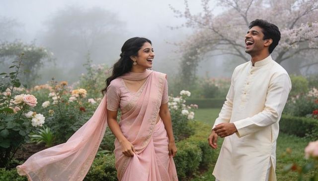 Joyful couple wearing pastel sari and cream kurta laughing during misty rose garden stroll