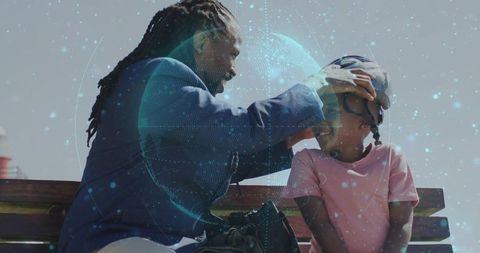 Father adjusting child's helmet on park bench with holographic globe overlay
