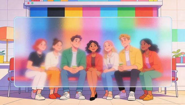 Diverse friends sitting on colorful studio sofa holding drinks behind frosted glass panel