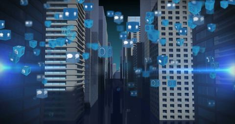 digital icons floating over cityscape model in futuristic style - Download Free Stock Images Pikwizard.com