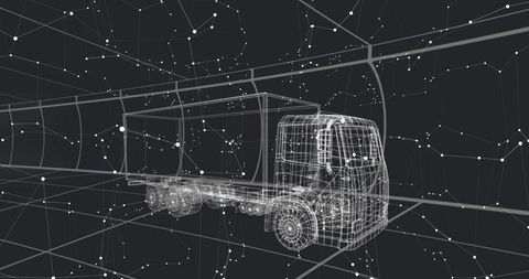 3d wireframe semi-trailer truck digital visualization in virtual grid