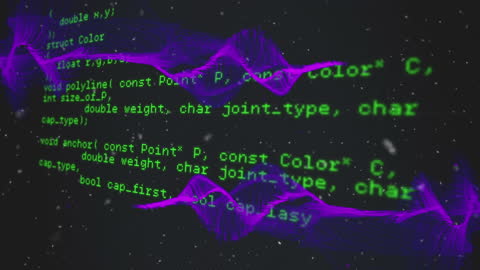 Violet Waves Over Data Code on Black Background