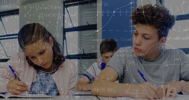 Image of math formulas moving over class of diverse pupils during lessons. learning, school, education and technology concept digitally generated image.