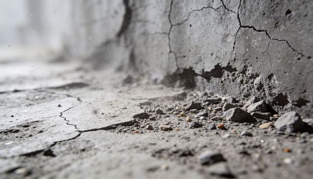 Showing cracked concrete floor and crumbling wall with rubble and dust in abandoned room