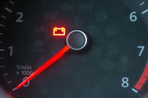 Car dashboard with battery warning indicator