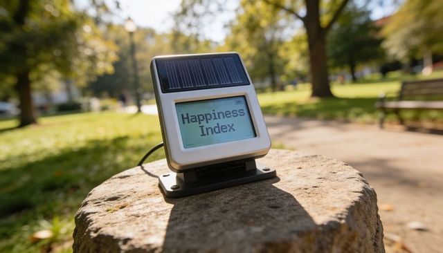 Solar-powered happiness index monitor on park pedestal showing sunlit greenspace data