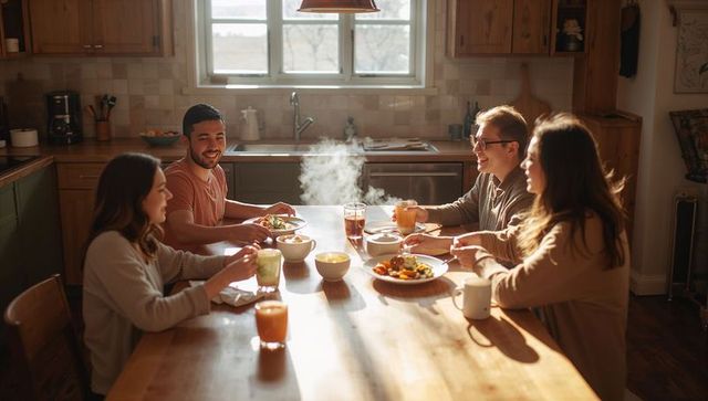 Friends enjoying cozy sunlit kitchen brunch with steaming dishes and warm conversation