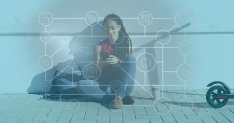 Digital Health Interface with Woman Checking Smartphone during Exercise Outdoors