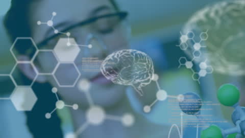 Scientist Studying Molecular Structure with Digital Interface Overlay