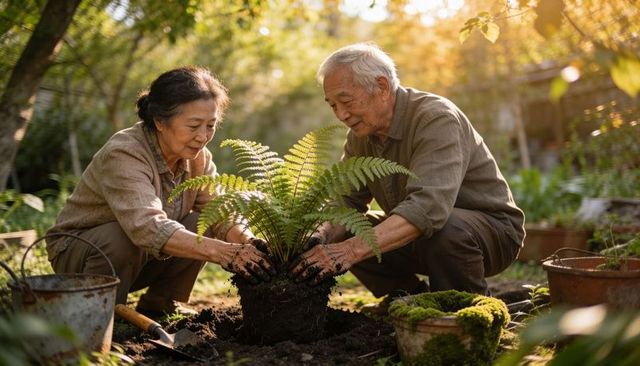 Senior couple gardening together transplanting fern in sunlit backyard during golden hour